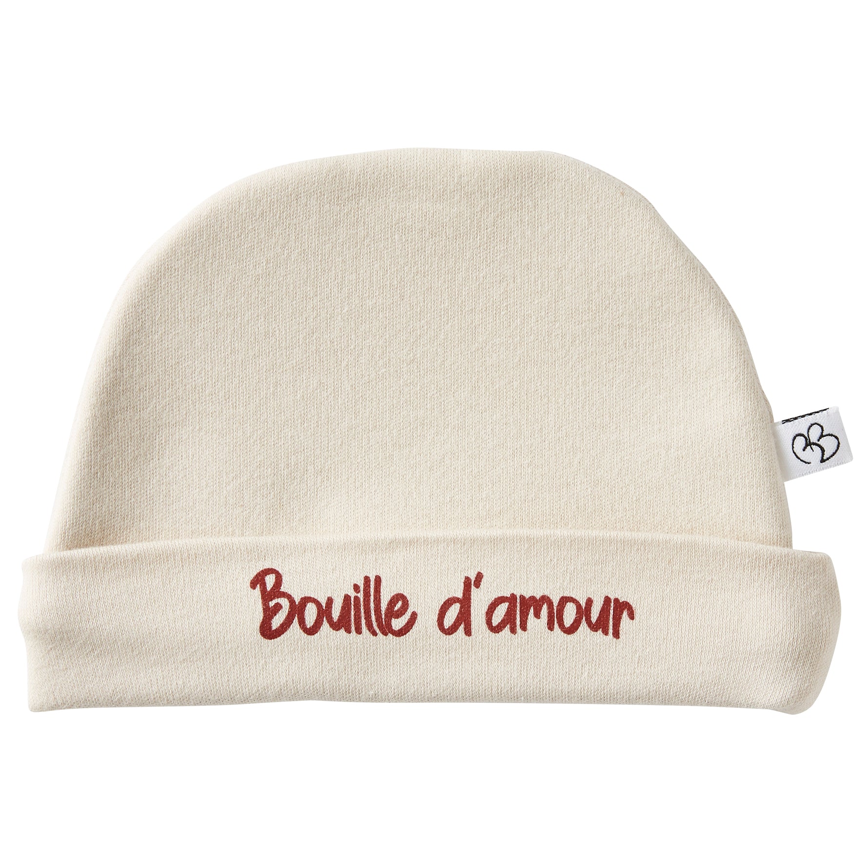 Bonnet naissance bébé en coton forme classique avec message "bouille d'amour"