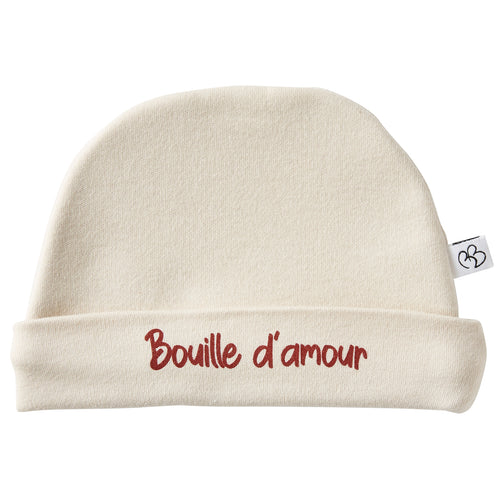 Bonnet naissance bébé en coton forme classique avec message "bouille d'amour"