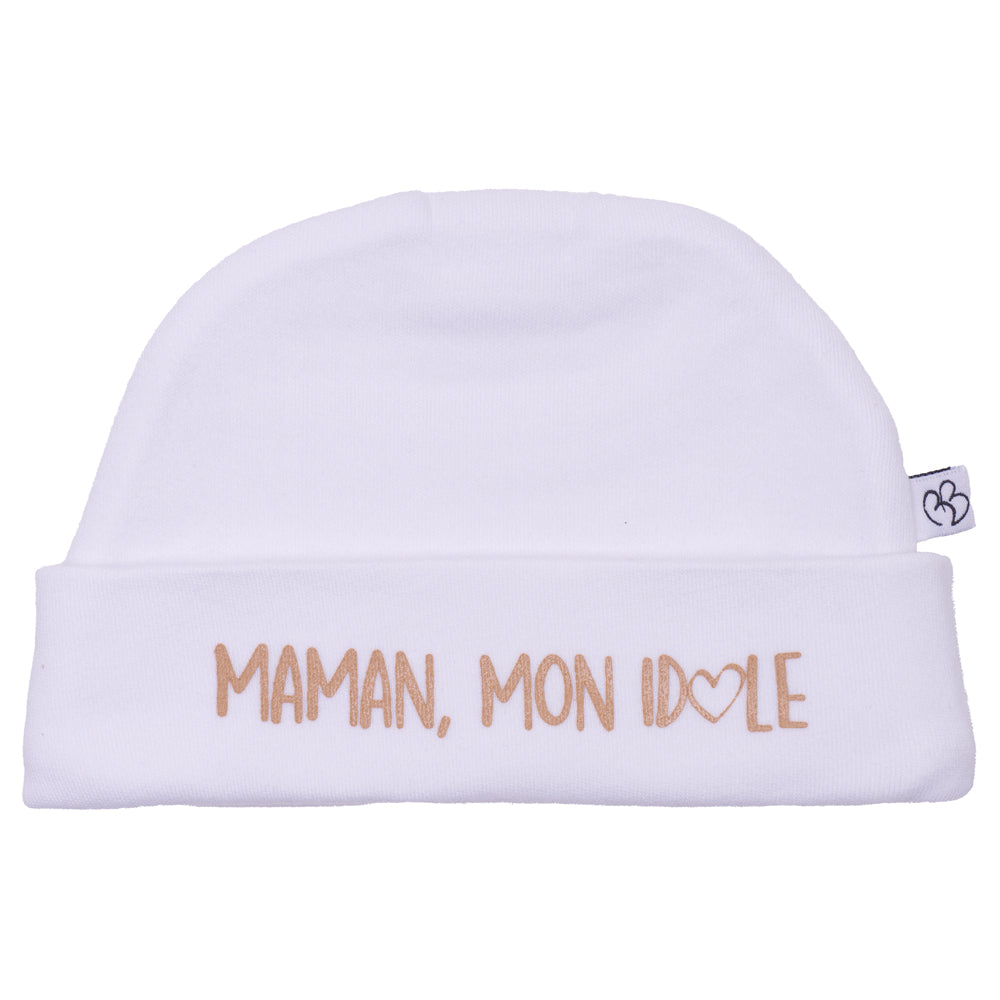 Bonnet naissance bébé classique avec message maman mon idole
