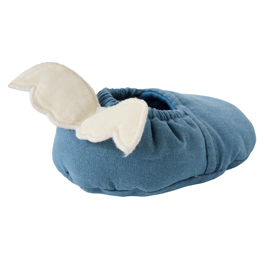 Chaussons bébé bleus avec ailes d’ange en coton doublé pour nouveau-né vue arrière