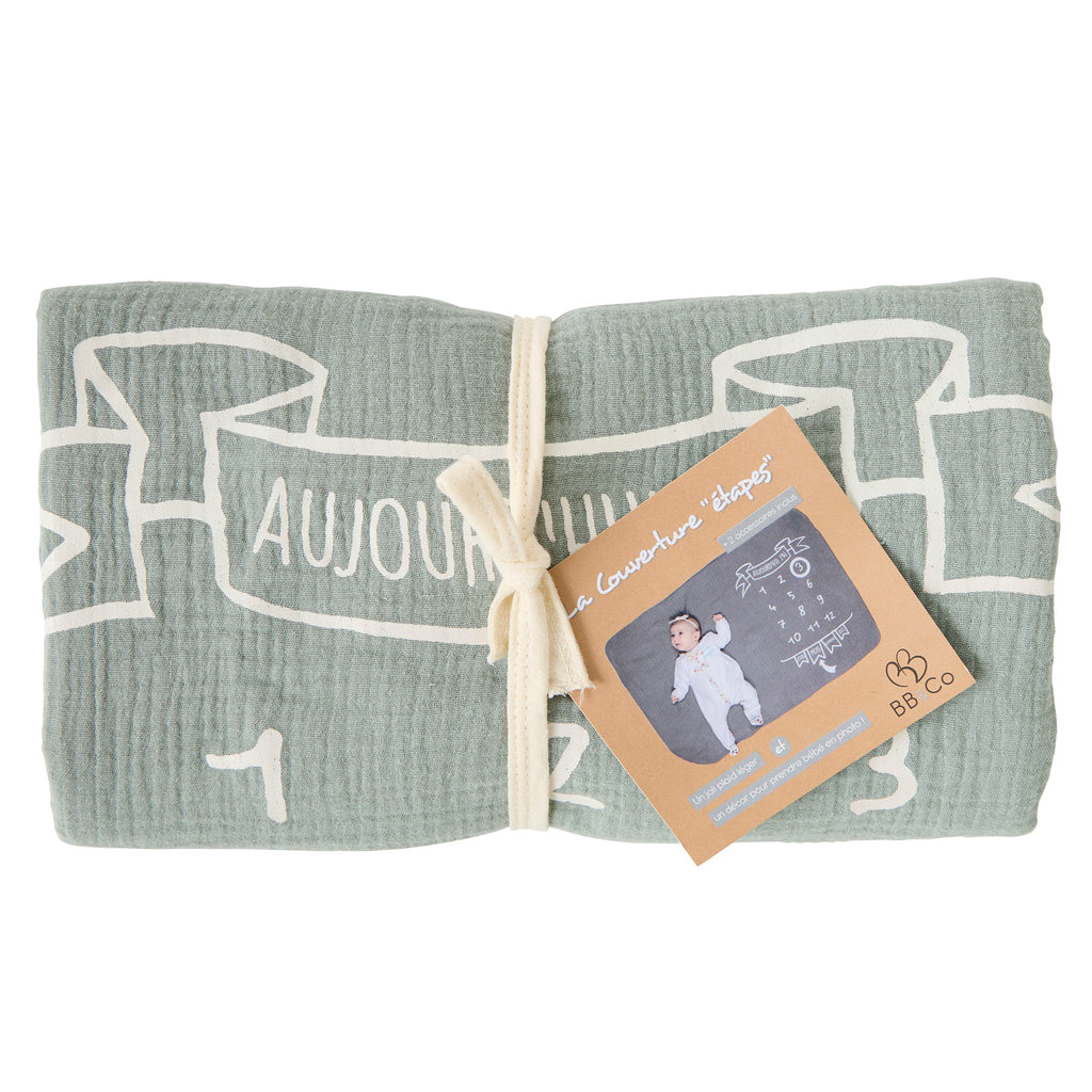 Couverture étapes bébé en coton avec accessoires pour photos de croissance vert de gris vue 2