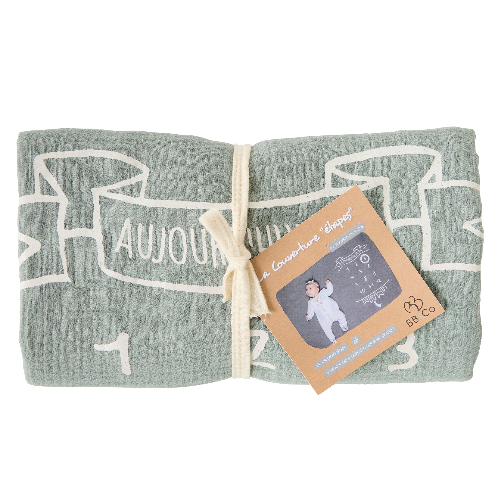 Couverture étapes bébé en coton avec accessoires pour photos de croissance vert de gris vue 2
