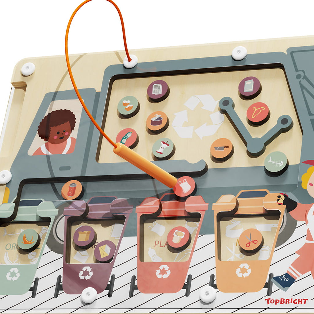Labyrinthe magnétique enfant en bois avec stylet et sa face de tri interactive