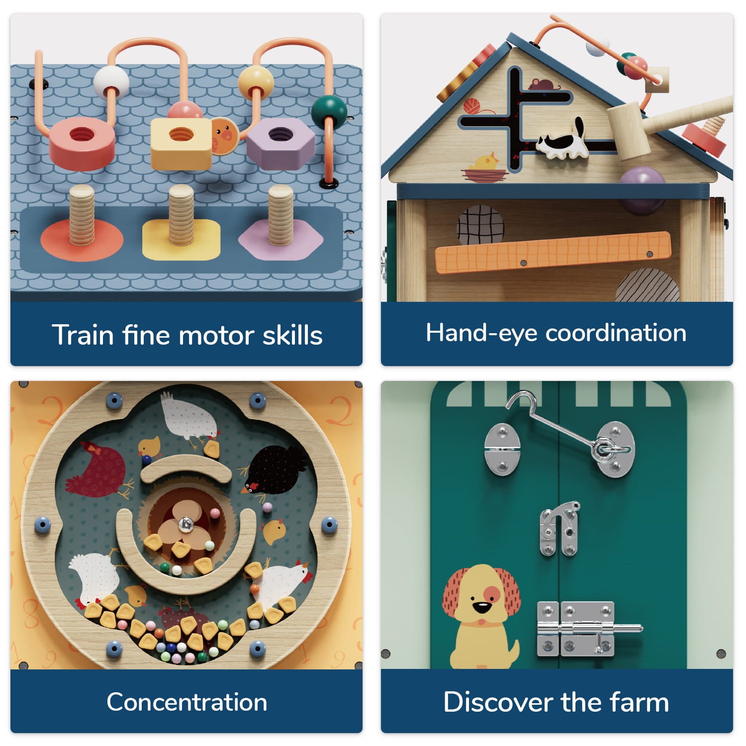 Aperçu des 4 façades de la maison d’activités bébé 12 en 1 éducative interactive