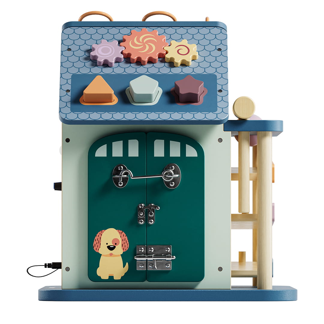 Maison d’activités bébé 12 en 1 éducative interactive vue sur la porte principale avec l'image du chien