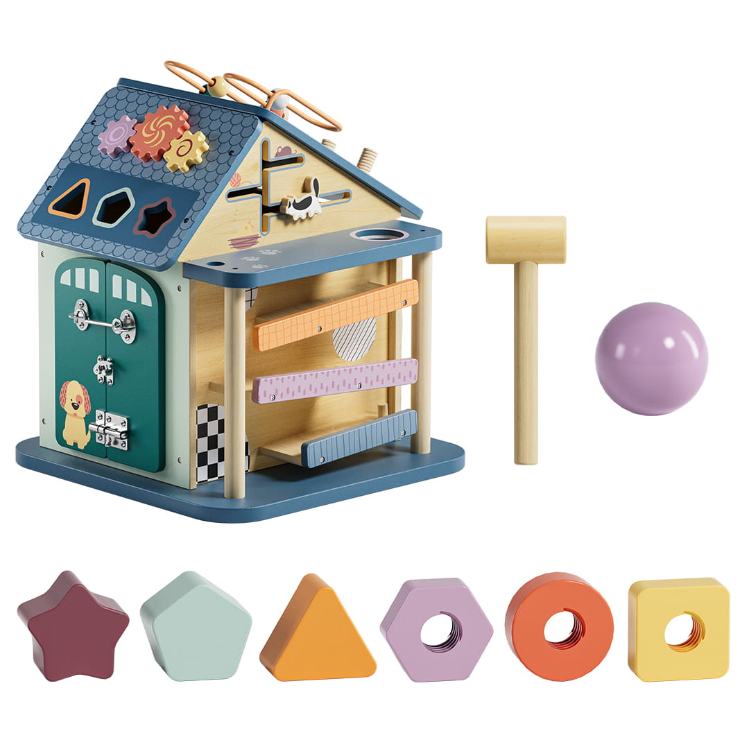 Vue sur tout les éléments de la maison d’activités bébé 12 en 1 éducative interactive vue sur le chat