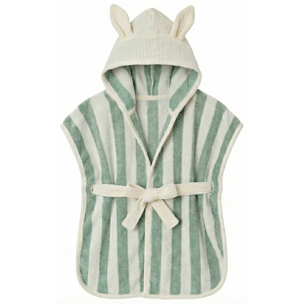 Peignoir bébé à capuche oreilles de lapin en bambou et coton rayé vert de gris