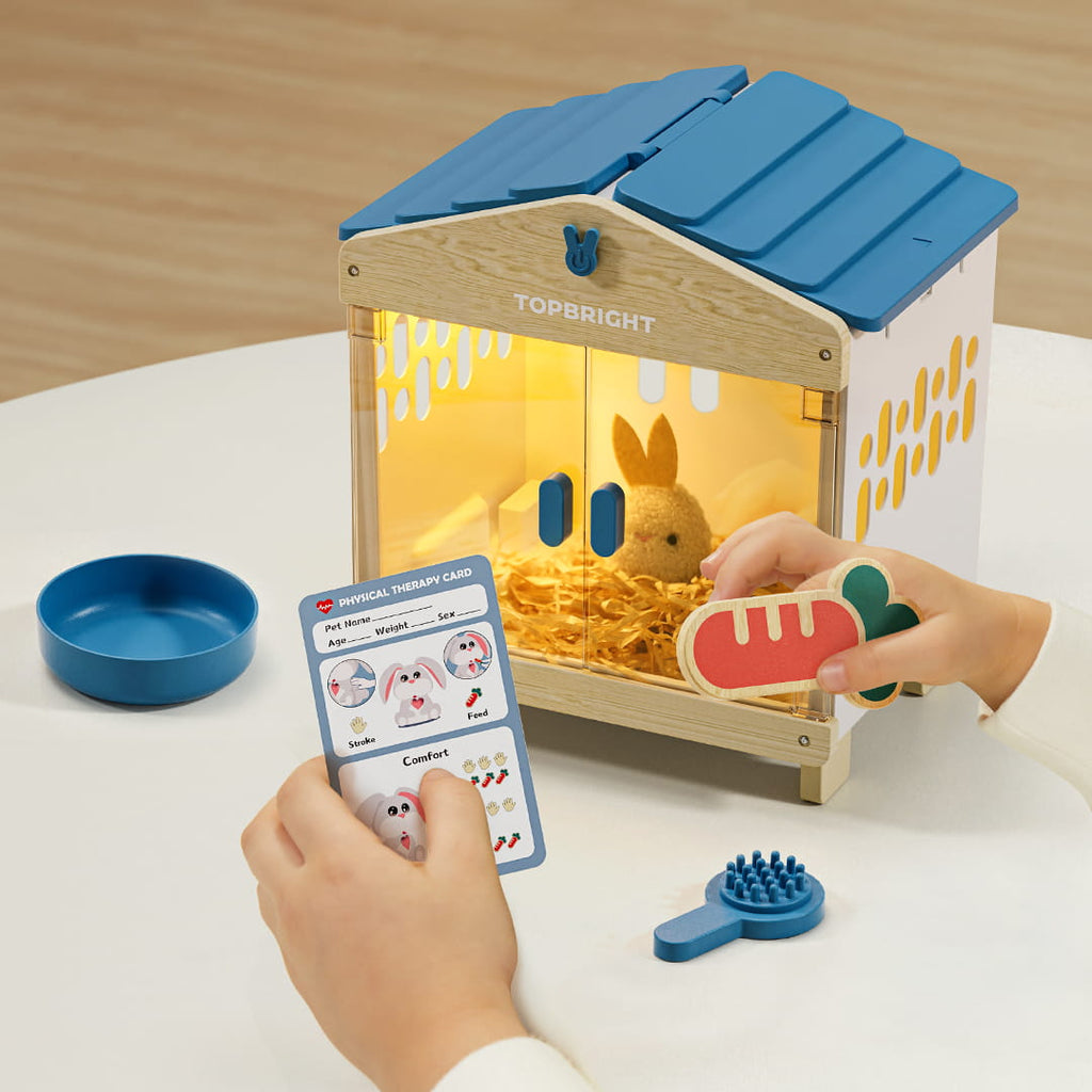 Peluche interactive lapin enfant avec clapier lumineux et la maison contenant le bébé lapin