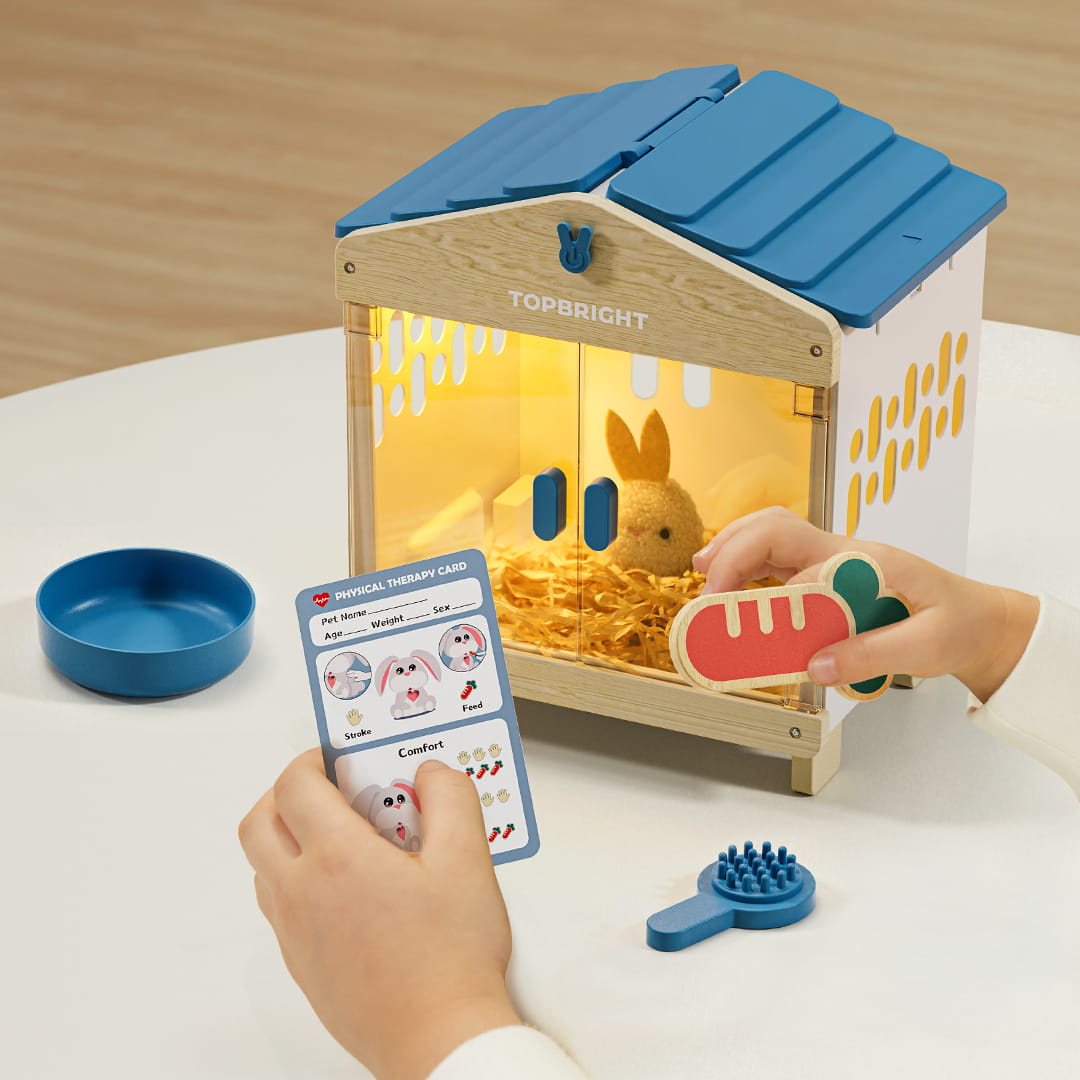 Peluche interactive lapin enfant avec clapier lumineux et la maison contenant le bébé lapin