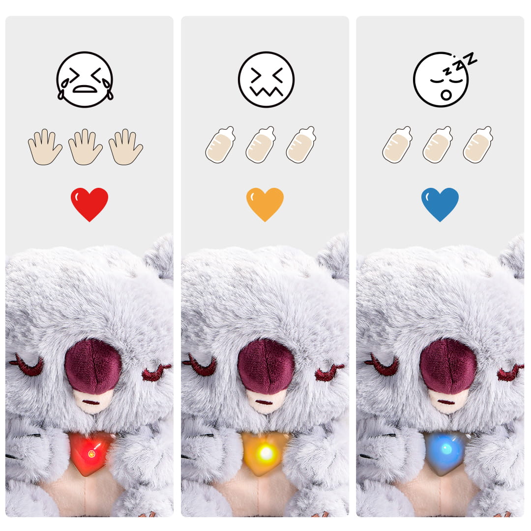 Les différentes humeurs de la peluche interactive bébé koala avec cœur lumineux