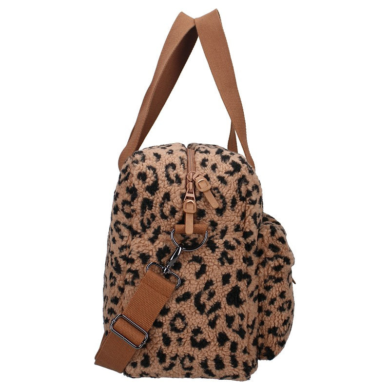 Sac à langer bébé avec matelas à langer en velours couleur léopard de côté