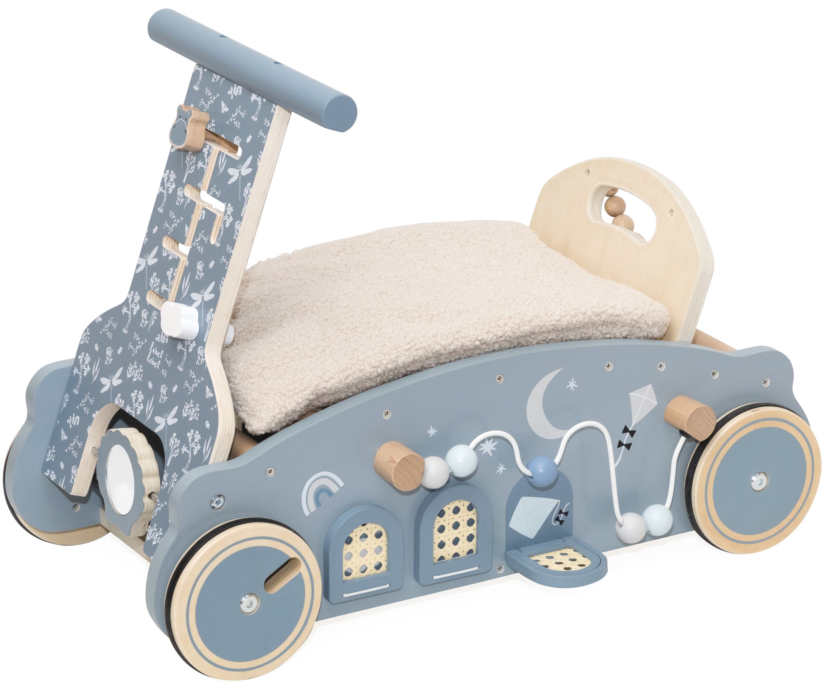 Voiture en bois 3 en 1 bébé marcheur bascule et porteur bleu vue de côté
