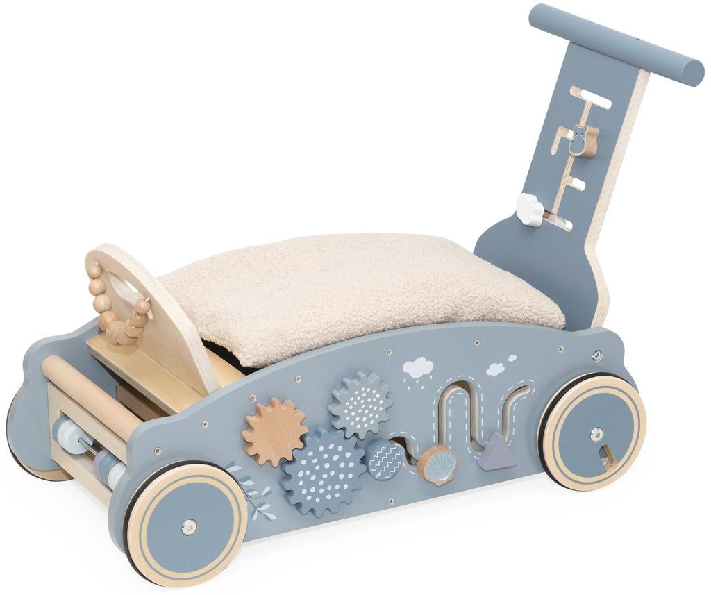 Voiture en bois 3 en 1 bébé marcheur bascule et porteur bleue avec engrenages sur le côté
