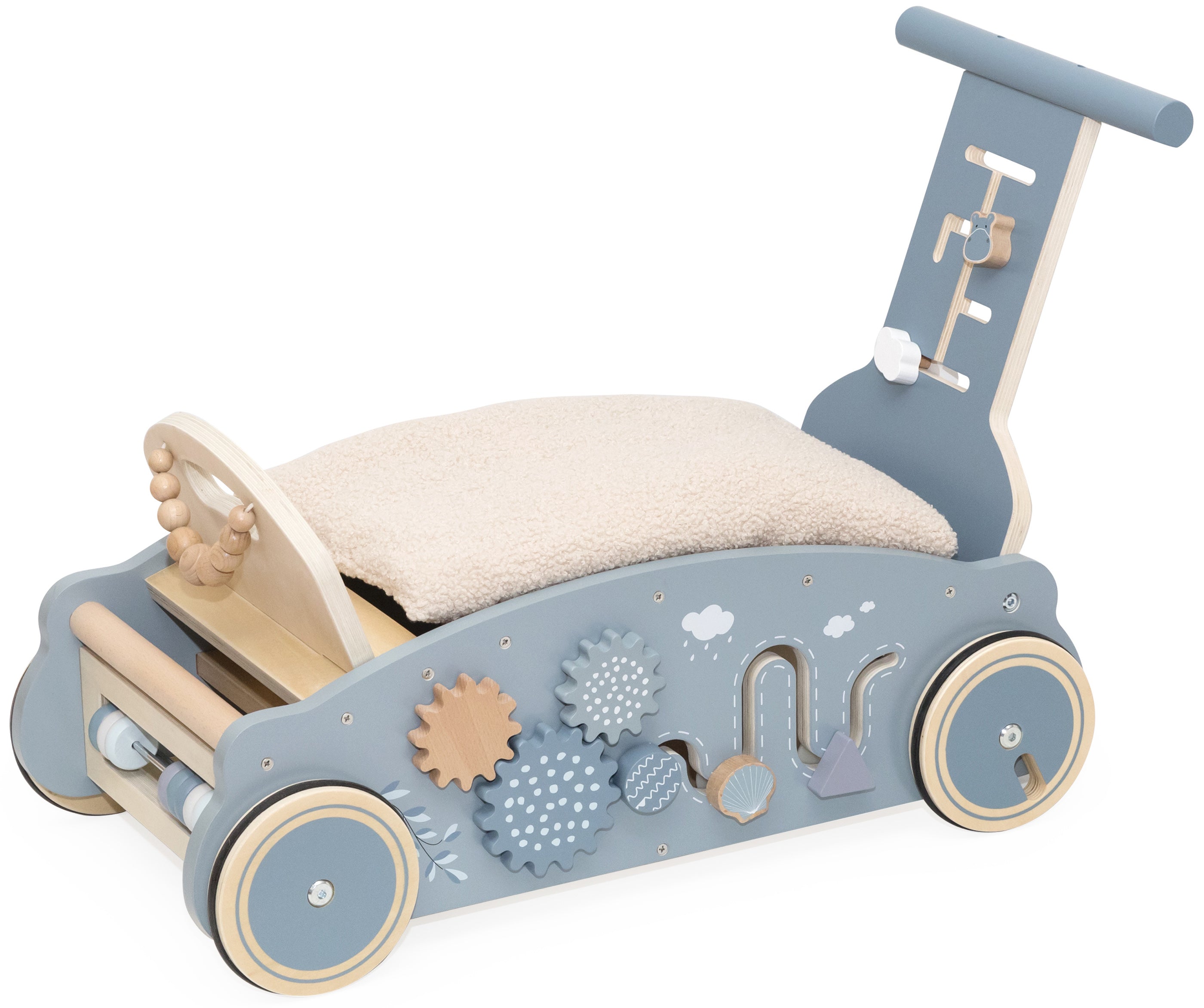 Voiture en bois 3 en 1 bébé marcheur bascule et porteur bleue avec engrenages sur le côté