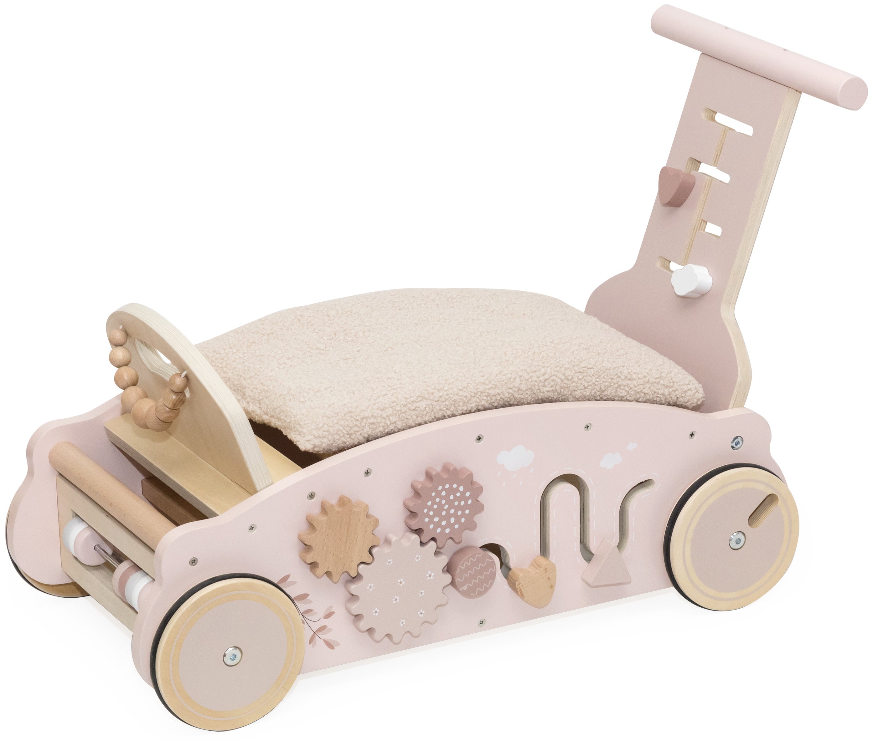 Voiture en bois 3 en 1 bébé marcheur bascule et porteur rose vue latérale avec engrenages